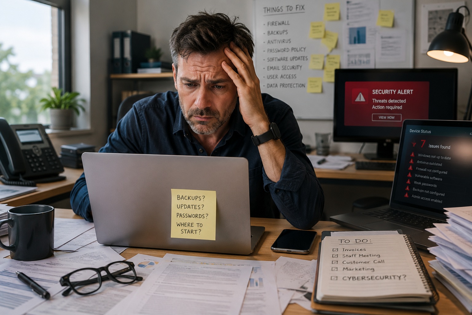 Overwhelmed small business owner in a busy office