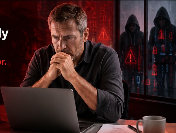 Concerned small business owner with cyber criminals watching through the office windows